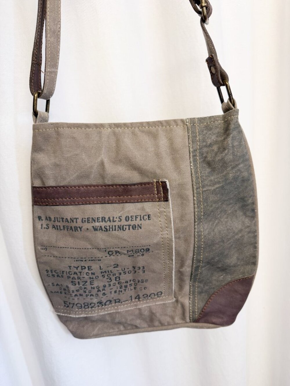 Mona B “Identified” Upcycled Canvas Crossbody Bag Vegan Leather Distressed - Picture 5 of 10